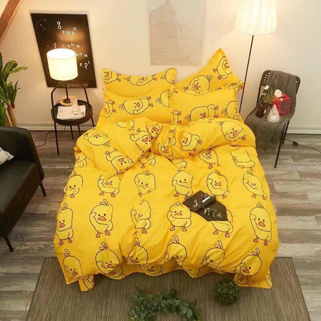 Set 3 ga gối - Bộ ga chun và 2 vỏ gối chất Cotton Poly họa tiết Vịt vàng