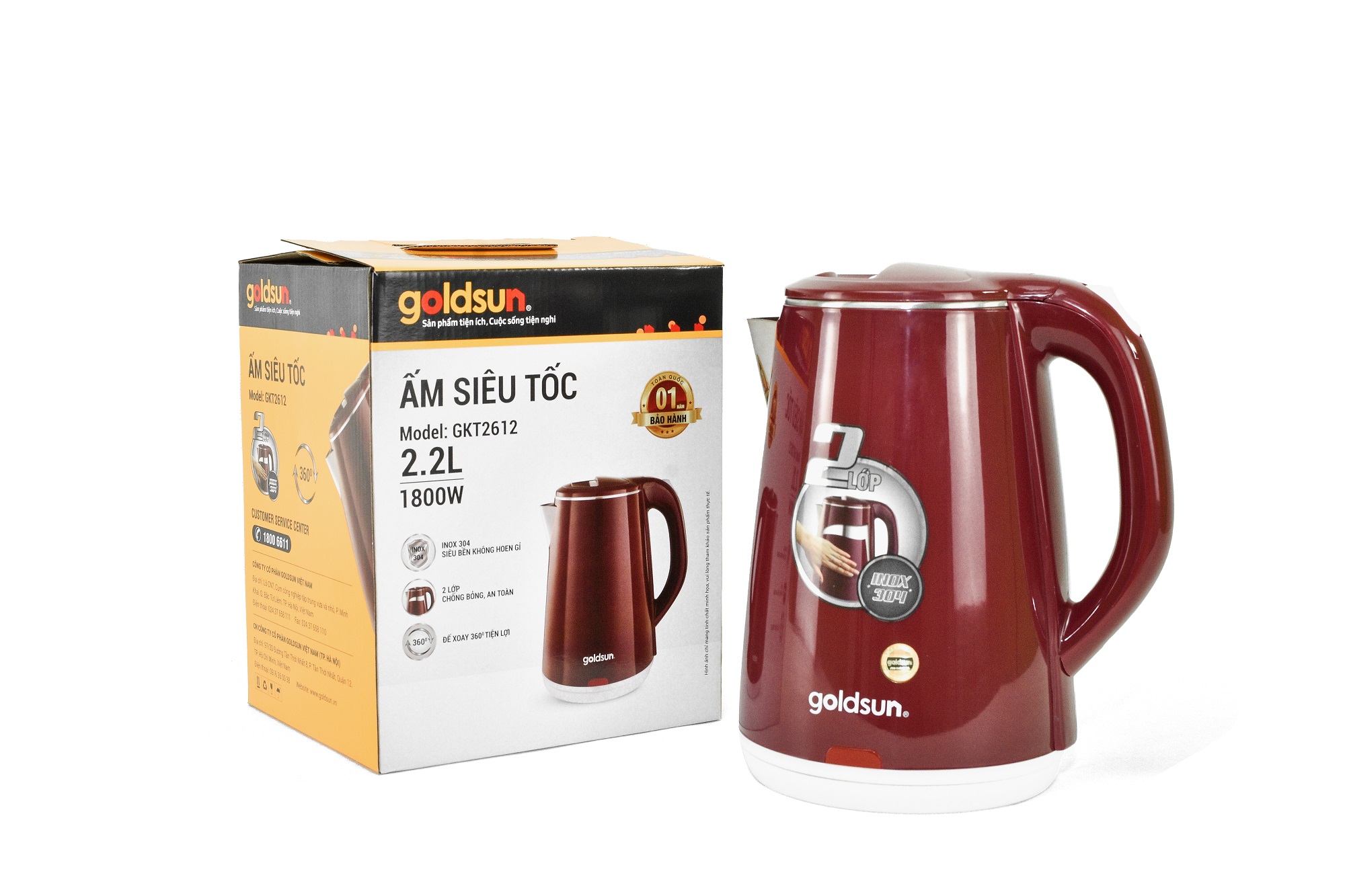 Ấm siêu tốc 2 lớp goldsun gkt2612 - không bỏng tay - bảo hành chính hãng 12 tháng