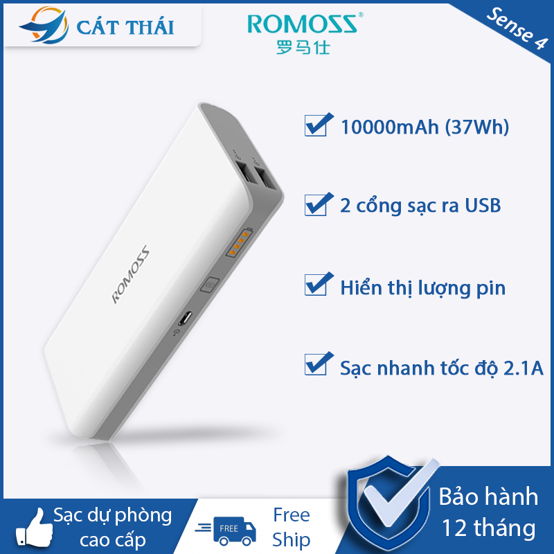 Pin sạc dự phòng Romoss Sense 4 dung lượng 10000mAh 2 cổng sạc ra USB 1 cổng sạc vào Micro hỗ trợ sạc nhanh tốc độ 2.1A kích thước nhỏ gọn dễ dàng mang theo - Bảo hành 1 tháng