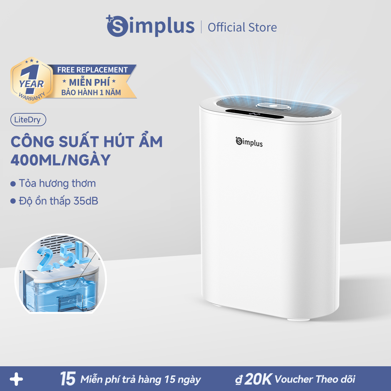  Simplus Máy hút ẩm Công suất hút ẩm 400mL ngày Bình chứa lớn 2.5L Độ ồn thấp 35dB Phù hợp phòng ngủ phòng làm việc tủ quần áo nhà tắm CUSH007 