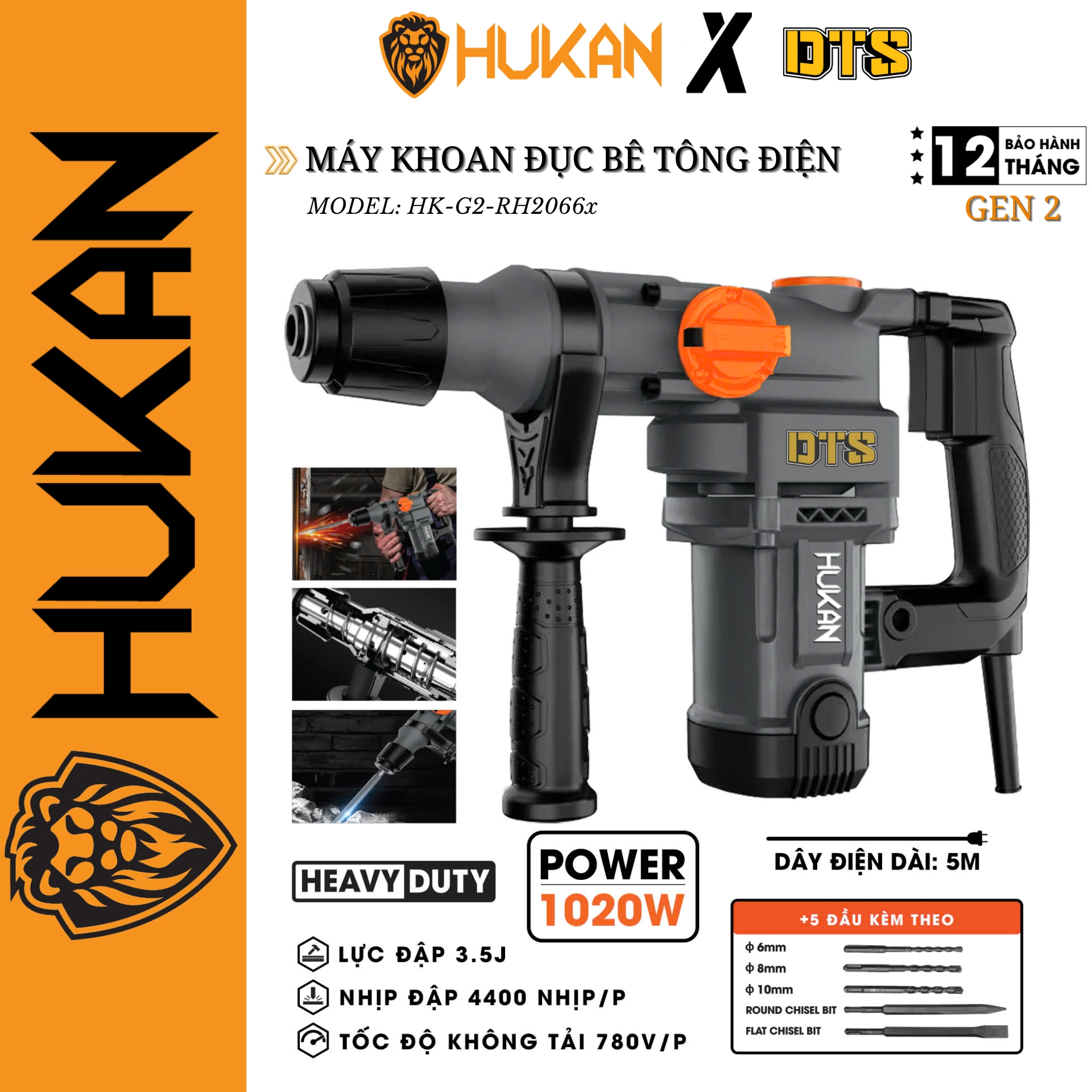 Máy khoan đục bê tông điện- lực đập 3.5J HUKAN G2-RH2066x | Công suất 1020W, đường kính mũi tối đa 28mm, kèm 5 mũi khoan