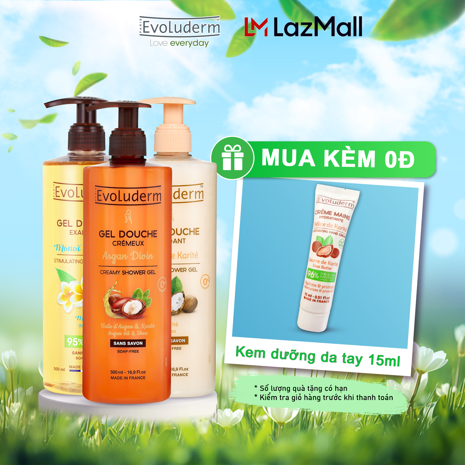 Gel tắm Evoluderm chiết xuất Tinh dầu Argan và Bơ Hạt Mỡ Gel Douche Crémeux Argan Divin  500ml