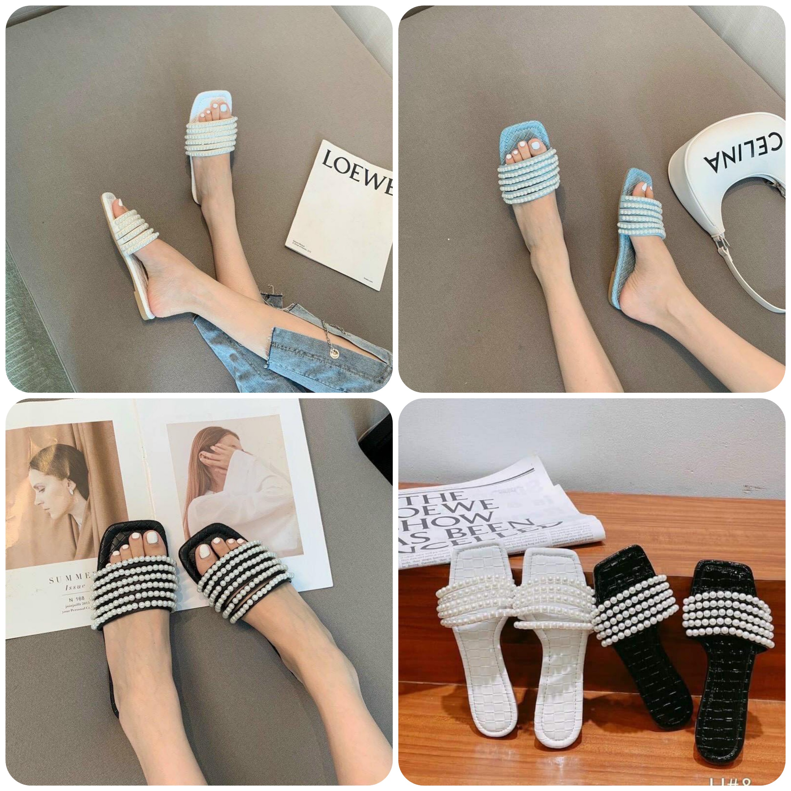 Dép nữ đế bệt mũi vuông quai ngang đính ngọc mẫu mới xinh xắn giá tốt