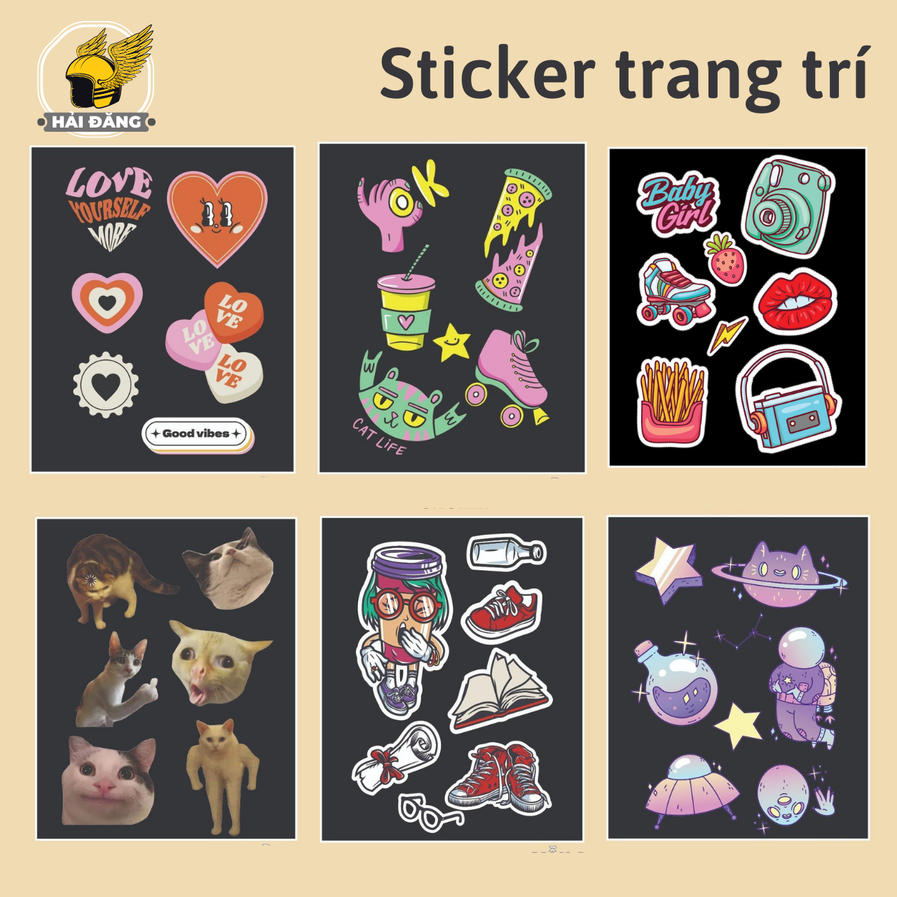 Phụ kiện mũ bảo hiểm - Combo sticker dán nón bảo hiểm siêu cute chống nước