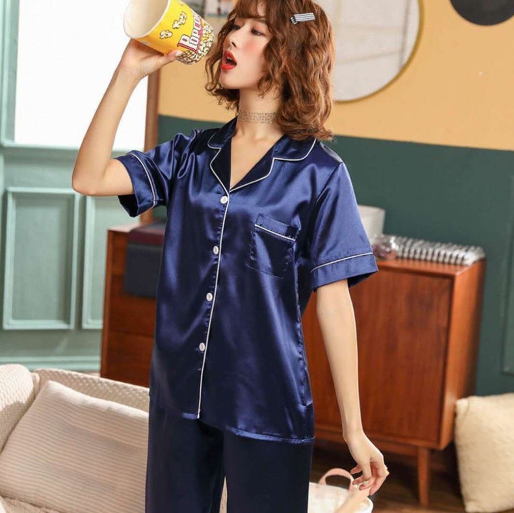 Bộ lụa mặc nhà nữ trơn cộc tay quần dài chất lụa siêu mềm a49