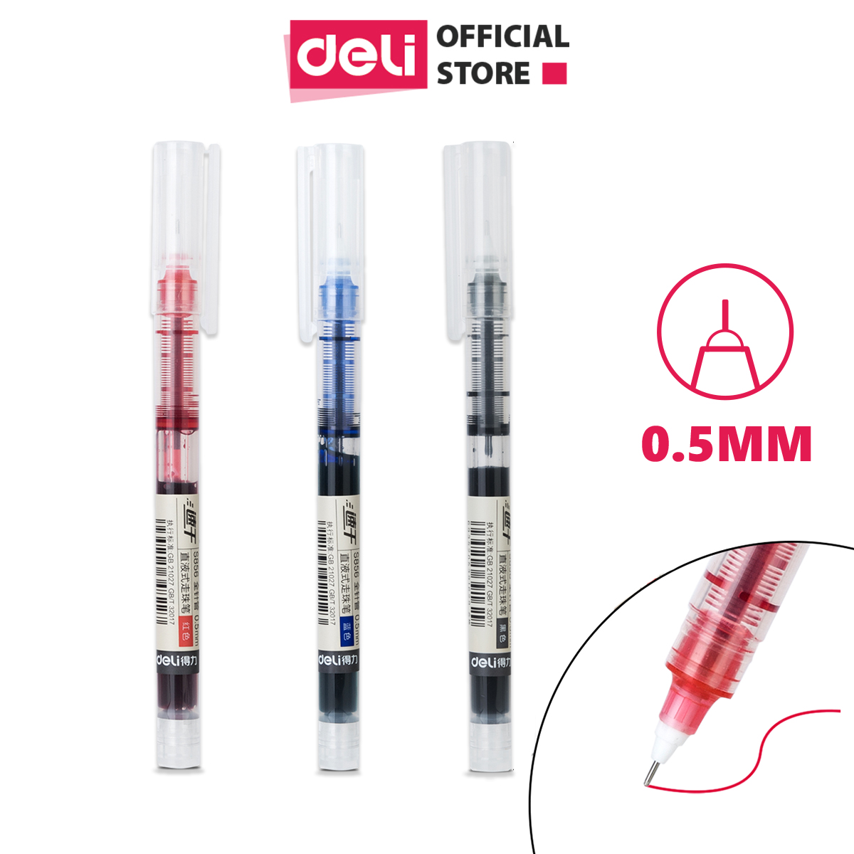 Combo 10 Bút bi nước mực gel xanh đỏ đen Deli, bút gel mực nước nhanh khô ngòi 0.5mm viết calligraph