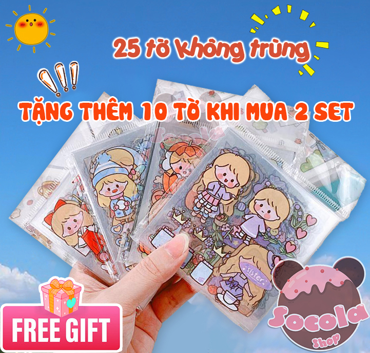 (Mua 2 set tặng 10 tờ)Set 25 tờ stickers (PET) siu cute dán trang trí nhiều mẫu không trùng hình