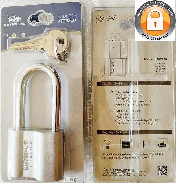Ổ khóa càng dài huy hoàng titalium 50mm - khóa bằng chìa