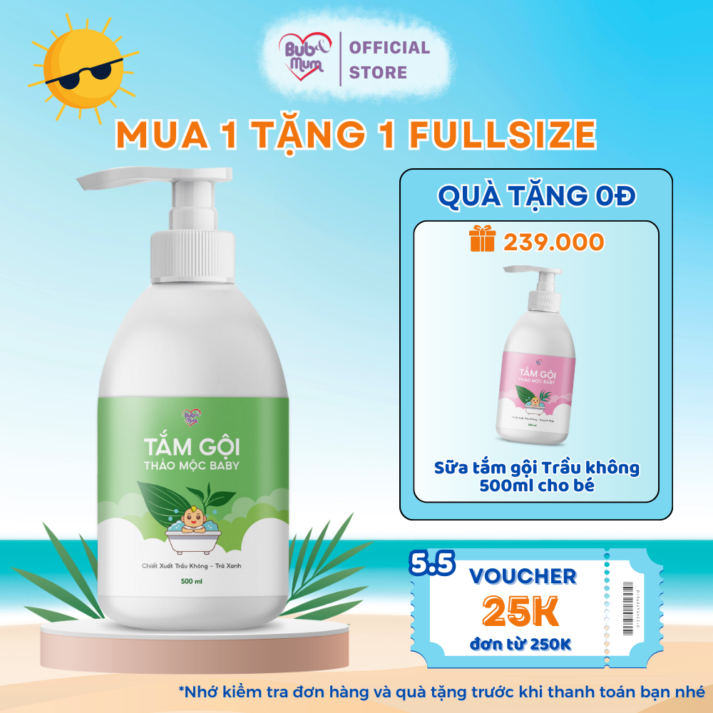 Sữa Tắm Gội Cho Bé Sơ Sinh BuB&MuM Chiết Xuất Thảo Dược Thiên Nhiên Trầu Không - Trà Xanh 100ml/500ml