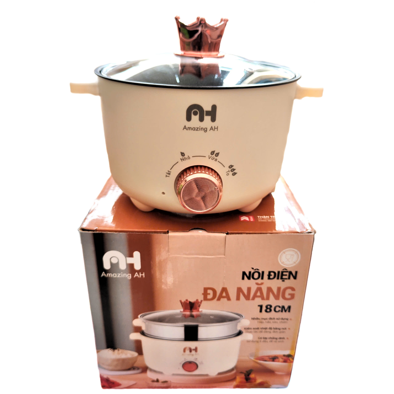 Nồi điện mini AH 18CM đa năng tặng kèm khay hấp, chống dính 1,8 lít cho 1-2 người ăn