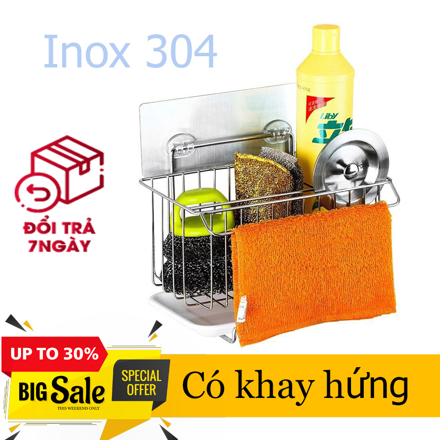 Giá inox đựng dụng cụ rửa bát dán tường, giỏ để rẻ rửa bát, giỏ đựng rẻ rửa bát, giỏ đựng đồ rửa bát có khay hứng nước-Kệ Để Giẻ Rửa Chén Bát Gắn Thành Bồn Chậu Rửa Inox 304