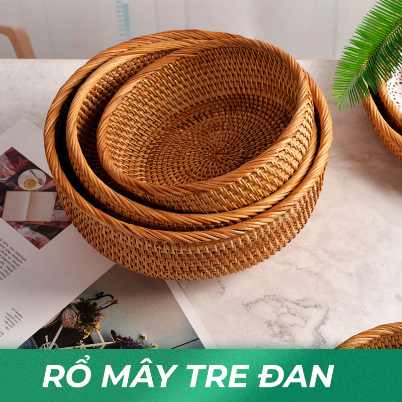 Rổ mây tre đan  phong cách vintage GreenHome  - Rổ đựng đồ khô, trái cây, bánh kẹo hạt  - Rattan basket tray - Giỏ mây đựng đồ trang trí nhà cửa