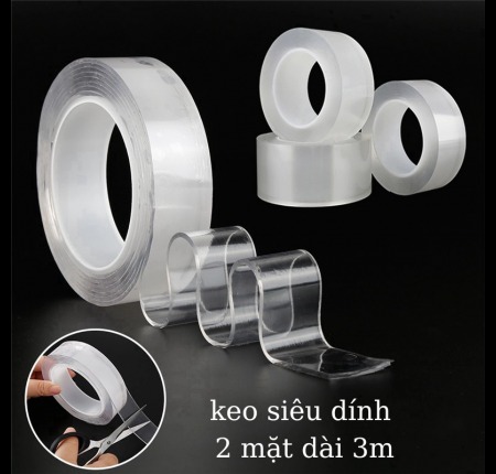 Băng dính 2 mặt siêu dính, băng keo trong suốt nano