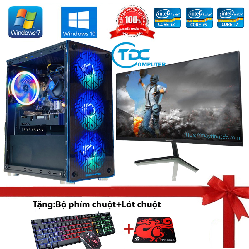 Bộ máy tính để bàn pc gaming + màn hình 22inch full viền cấu hình core i7, i5, i3 ram 4gb ssd 120gb chiến game pubg mobile, pubg lite, lol, cf đột kích, fifa, cs + quà tặng bàn phím chuột chuyên game led