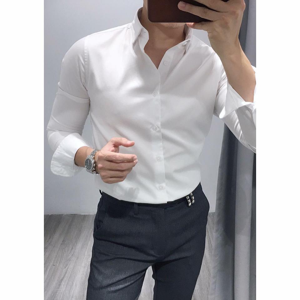 Sơ mi nam Trắng Cúc Trắng Lụa Thái chống nhăn, Áo sơ mi nam Trắng cúc Trắng, ao so mi nam giá rẻ