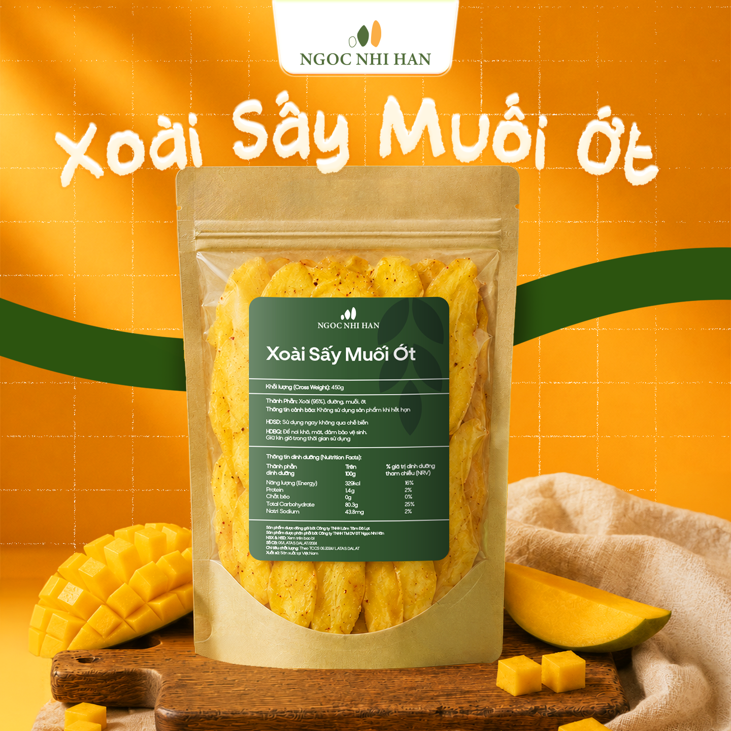 Xoài Sấy Muối Ớt Ngọc Nhi Hân Túi Zip 450g - Xoài Sấy Dẻo Chua Cay, Ăn Vặt Tiện Lợi
