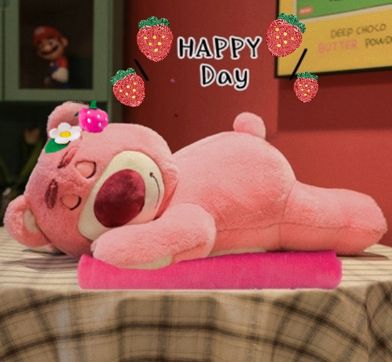 Bộ chăn mền văn phòng 3 trong 1 gấu dâu Lotso Hồng Gấu dâu lông xù kèm chăn size lớn