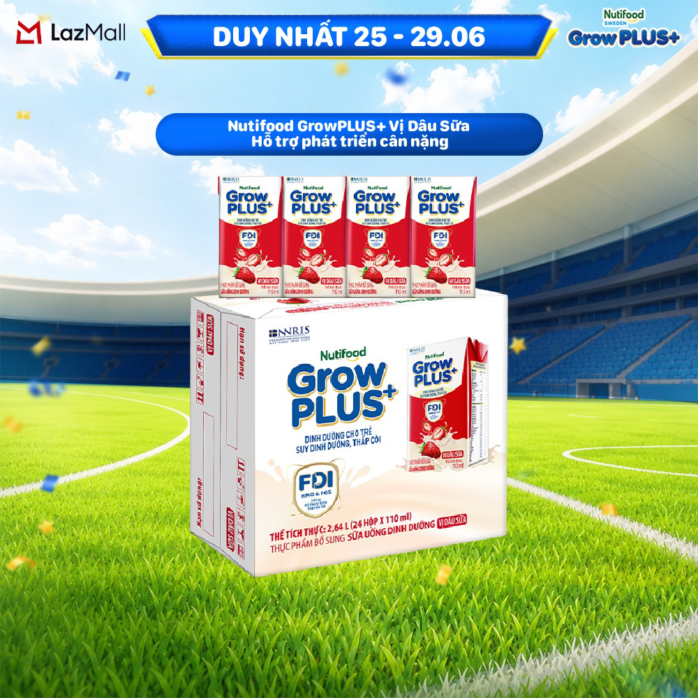 Thùng 24 hộp Sữa bột pha sẵn Nutifood GrowPLUS+ Vị Dâu Sữa hộp 110ml - Hỗ trợ phát triển cân nặng - (24 hộp x 110ml)