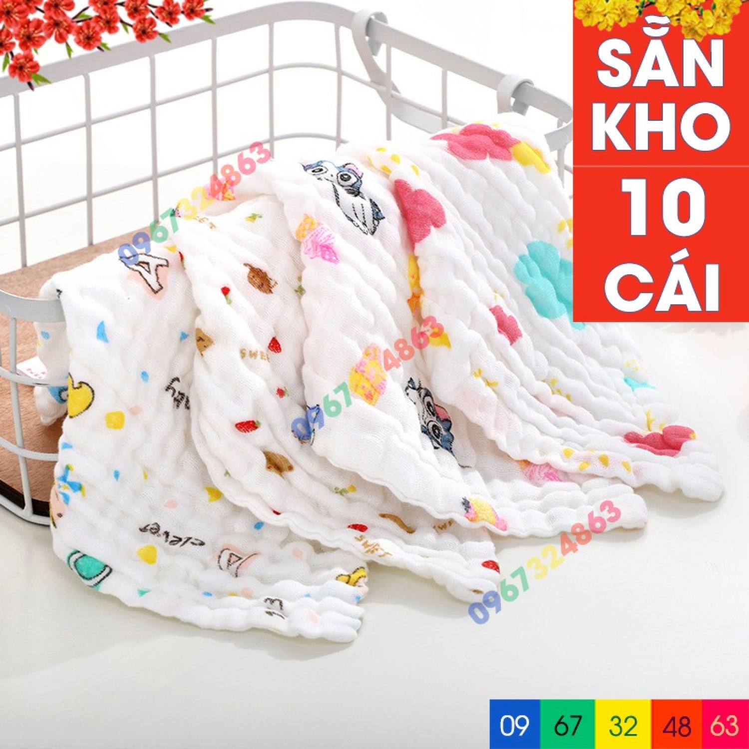 Sét 10 khăn sữa xô 6 lớp rửa mặt loại dày siêu mềm cho bé