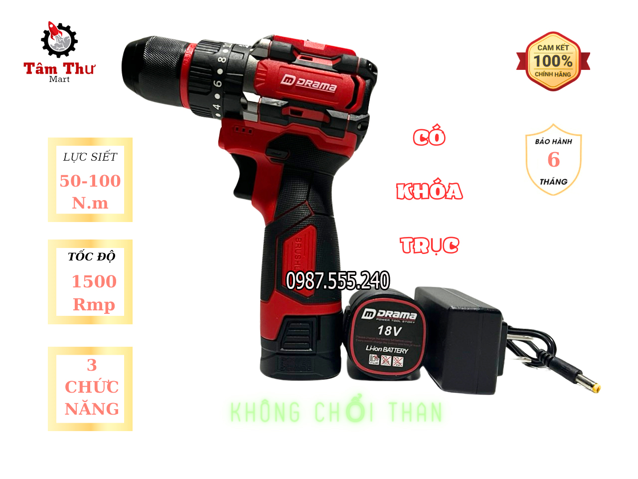 (HÀNG NỘI ĐIA) Máy Khoan Pin 18V Drama D-5218B  Không Chổi Than Đầu Kẹp Autolook 10 ly - Có Khóa trụ