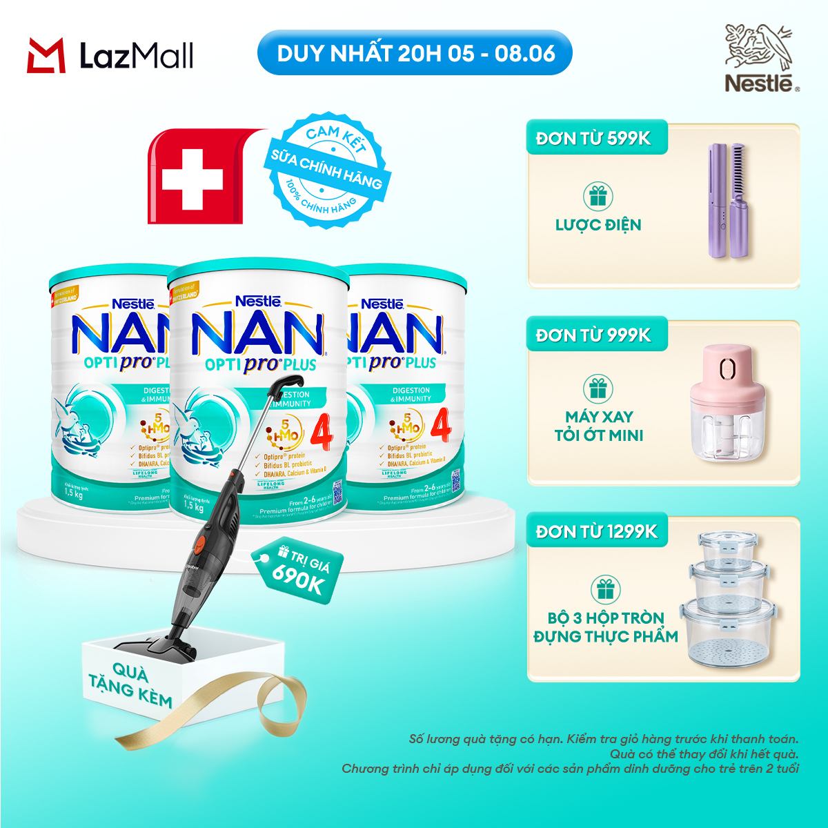 [Chỉ 20H 05-08.06 QT Đơn 599K/999K/1299K][Tặng Máy hút bụi cầm tay Gaabor] Bộ 3 lon Sữa Bột Nestlé NAN OPTIPRO PLUS 4 1500g Cho Bé 2 - 6 Tuổi: Công Thức Độc Quyền Nhập Khẩu Từ Thụy Sỹ, Chứa Phức Hợp 5-HMO