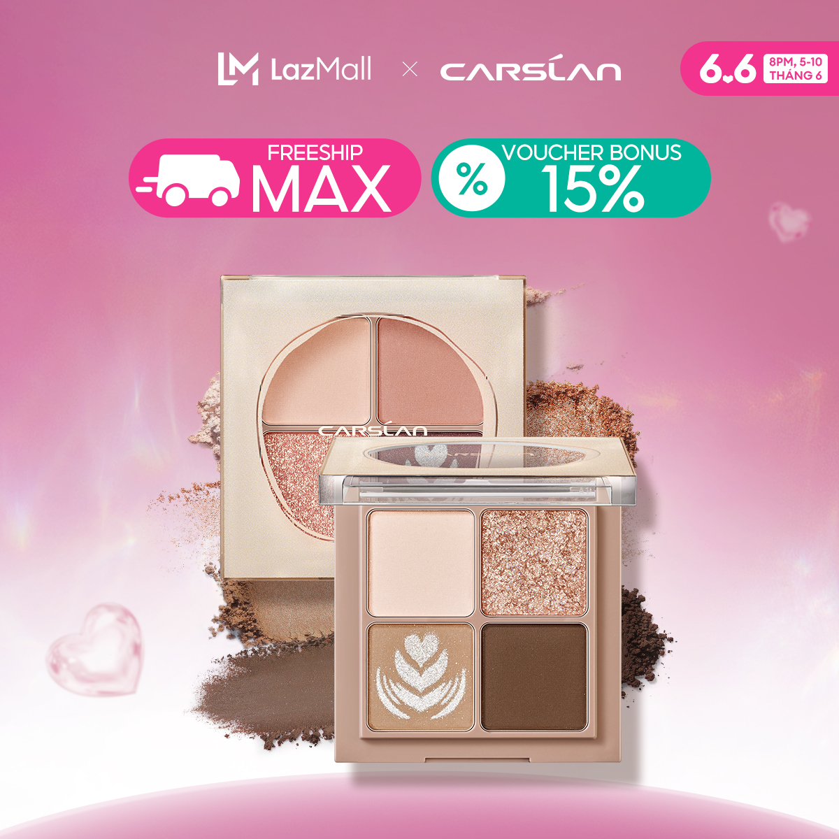 [ĐỘC QUYỀN 25-29.06|VOUCHER+QUÀ TẶNG]Bảng phấn mắt siêu mịn Carslan 4 màu kết hợp nhũ lấp lánh bền màu lâu trôi 6g