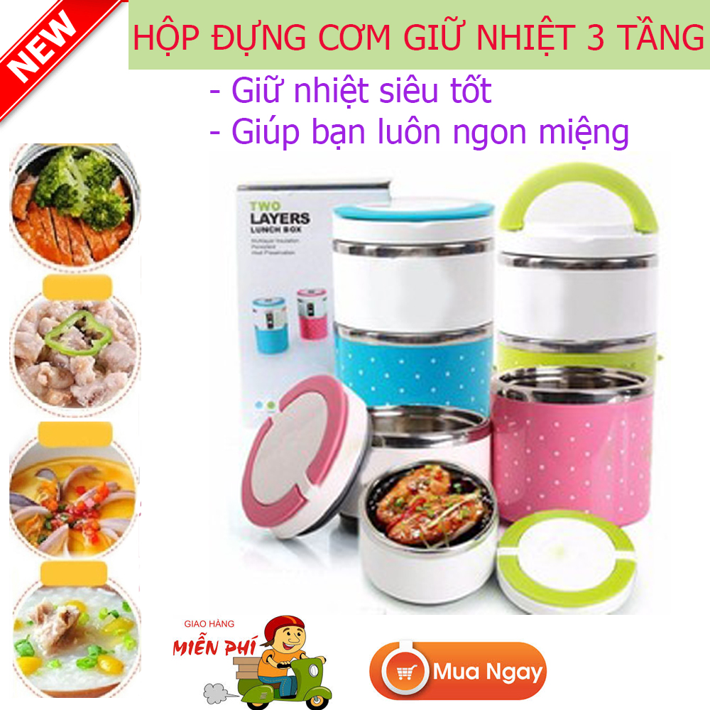 Hộp Đựng Đồ Ăn Giữ Nhiệt, Hộp Đựng Cơm Giữ Nhiệt 3 Tầng Cao Cấp, Hộp Cơm Giữ Nhiệt. Thiết kế 3 tầng giúp bạn dễ dàng phân loại thức ăn Với Các Khớp Nối Kín Giúp Giữ Nhiệt Tốt, Chống Tràn Cực Tốt.