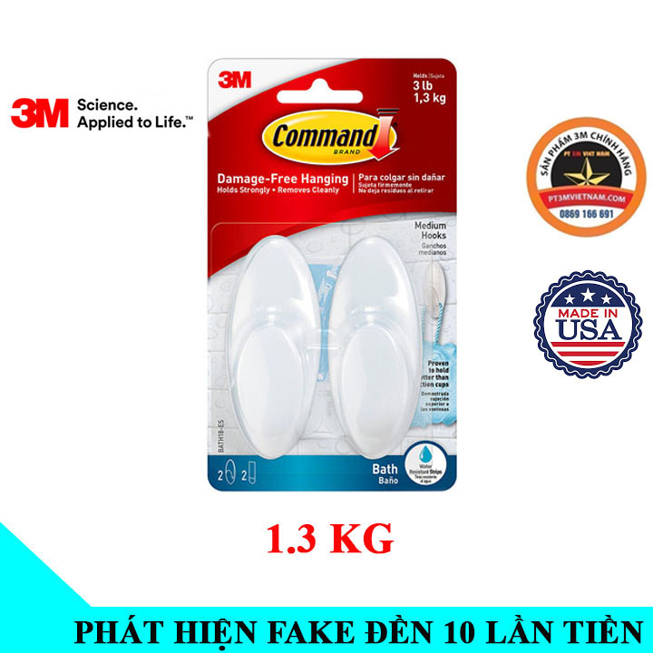 Vỉ 2 móc treo tường nhà tắm 3M Command 1.3kg