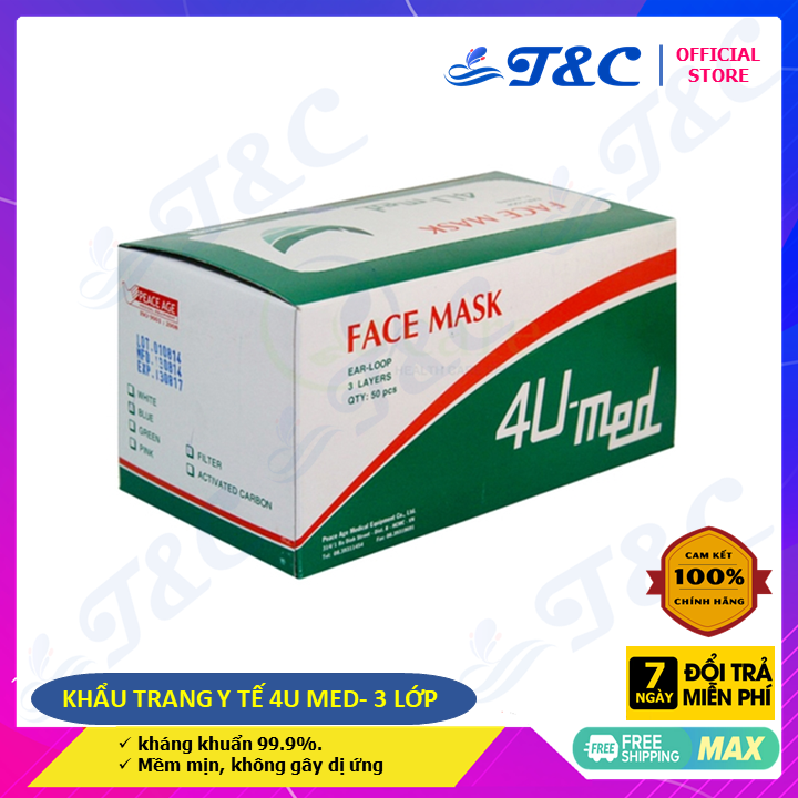 Hộp Khẩu trang y tế 4U Med 3 lớp  -  kháng khuẩn 99.9% - 50 cái/ hộp