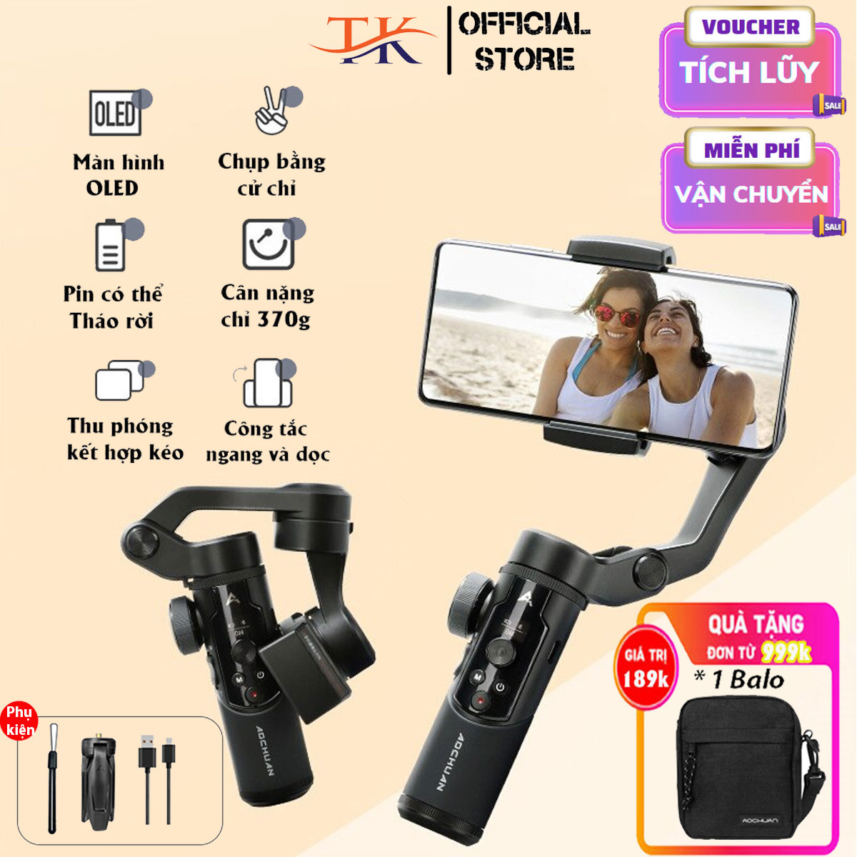 Tay cầm chống rung cho điên thoại Gimbal smart XR loại tốt thiết bị quay phim video vlog chuyên nghiệp cho điện thoại máy ảnh tự động cân chỉnh chuyển cảnh mượt mà xoay 306 độ. Bảo hành 24 tháng