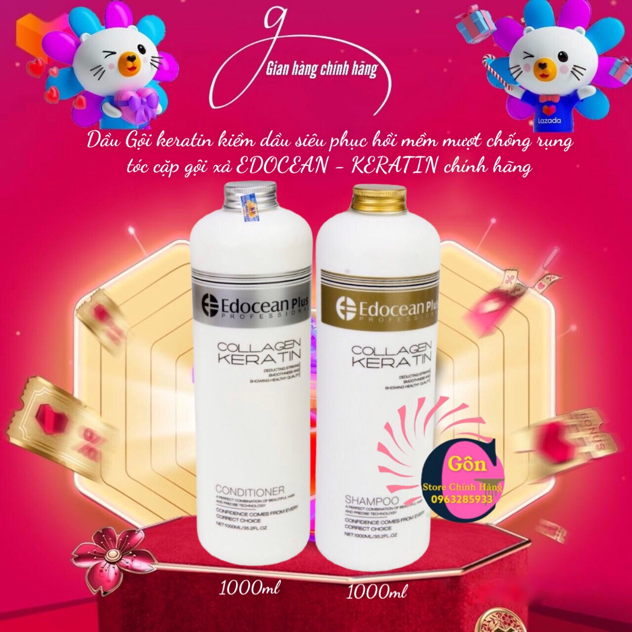 Gội Xả Edocean Collagen Keratin Phục Hồi Siêu Mượt Kích Thích Mọc Tóc 1000ml