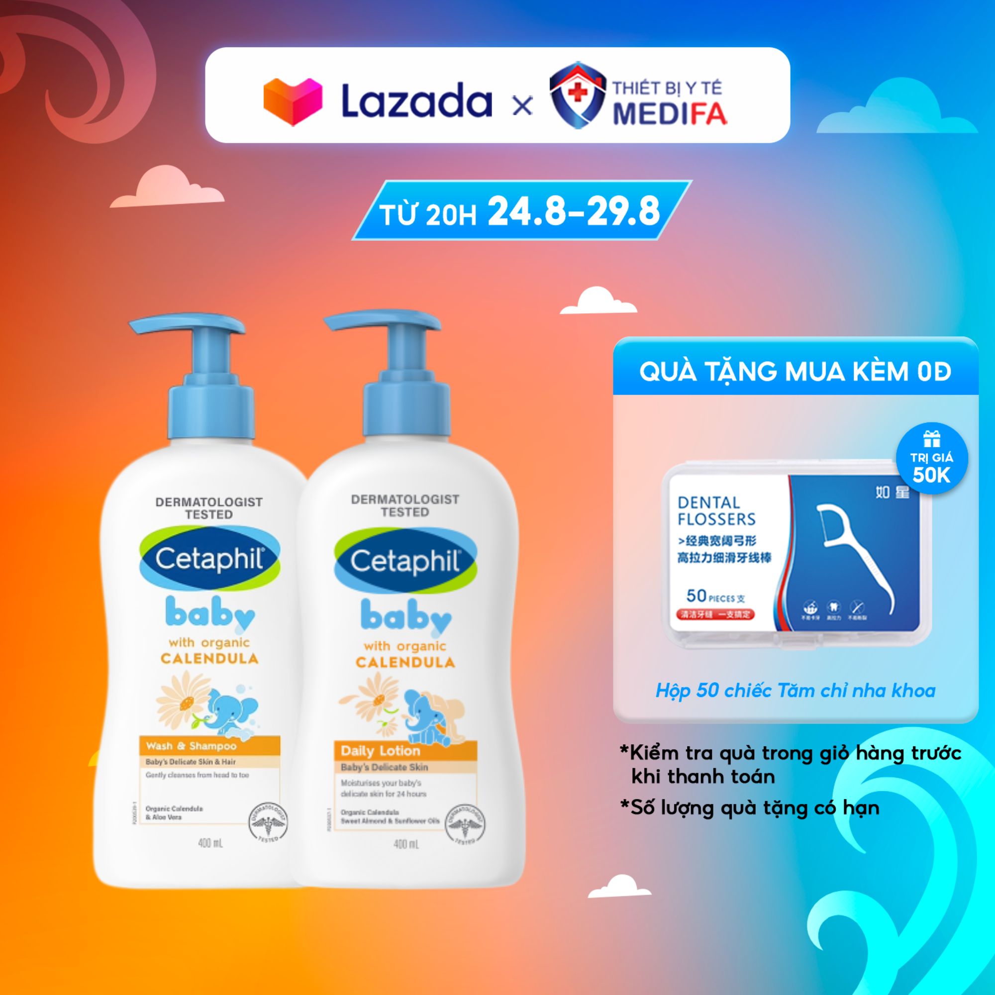 Combo Sữa tắm gội Cetaphil Baby Wash & Shampoo With Organic Calendula 400ml Và Sữa dưỡng thể Cetaphil Baby With Organic Calendula 400ml