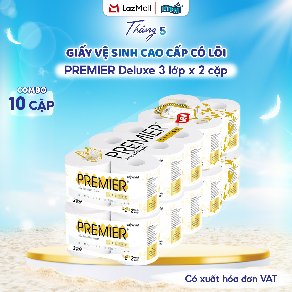 [COMBO 20 CUỘN] Giấy vệ sinh cao cấp PREMIER Deluxe có lõi, 3 lớp - 100% bột giấy nguyên sinh, không chất tẩy, 10 cuộn/lốc – Chính hãng