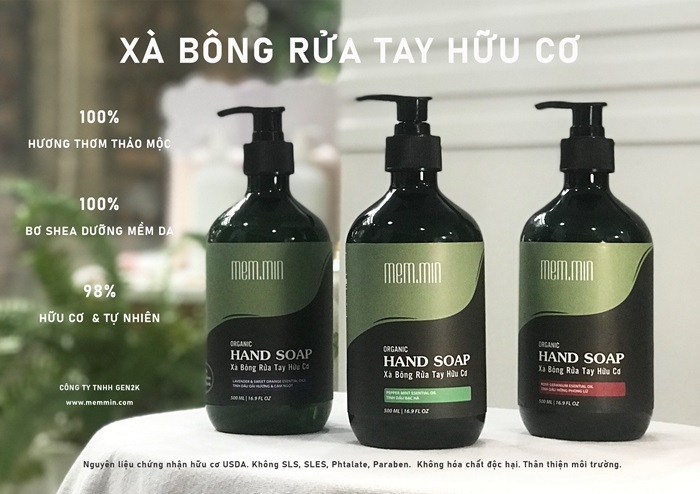 MemMin. Xà Bông Rửa tay Hữu cơ. Tinh dầu thảo mộc (OẢI HƯƠNG & CAM NGỌT, BẠC HÀ, HỒNG PHONG LỮ). 98% Thiên Nhiên. 500ml