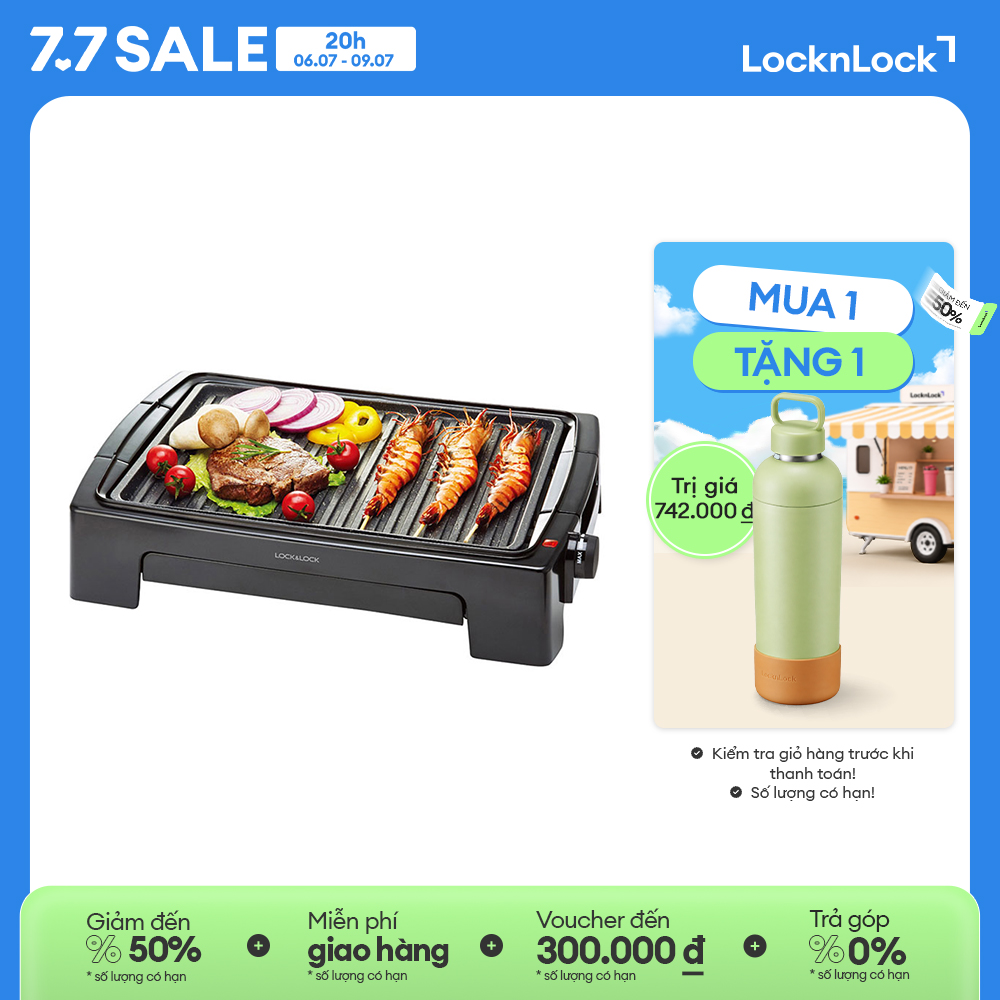 EJG221 - Bếp nướng điện Lock&Lock - Mặt bếp đá trang nhã chống dính thoát dầu - 5 mức nhiệt linh hoạt - Bề mặt tháo rời dễ dàng chùi rửa