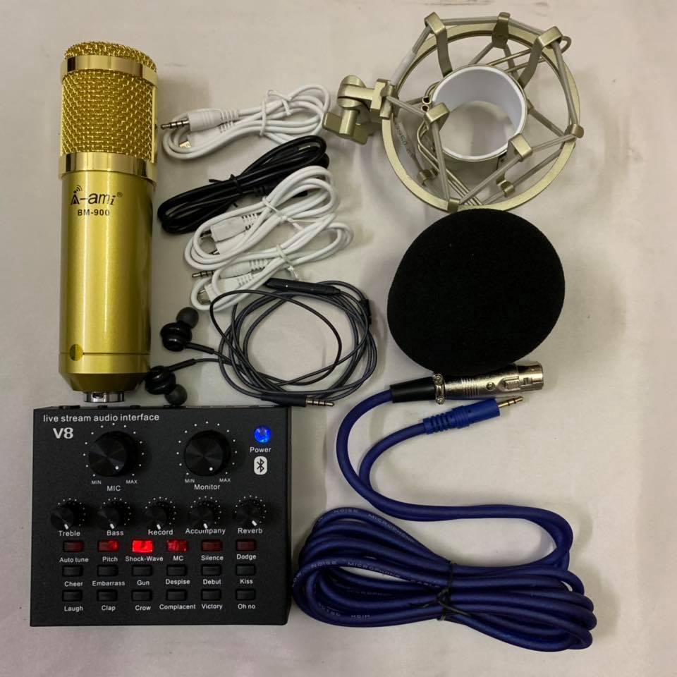Combo bộ míc livestream thu âm hát karaoke online AMI bm900 card V8 tặng tai nghe