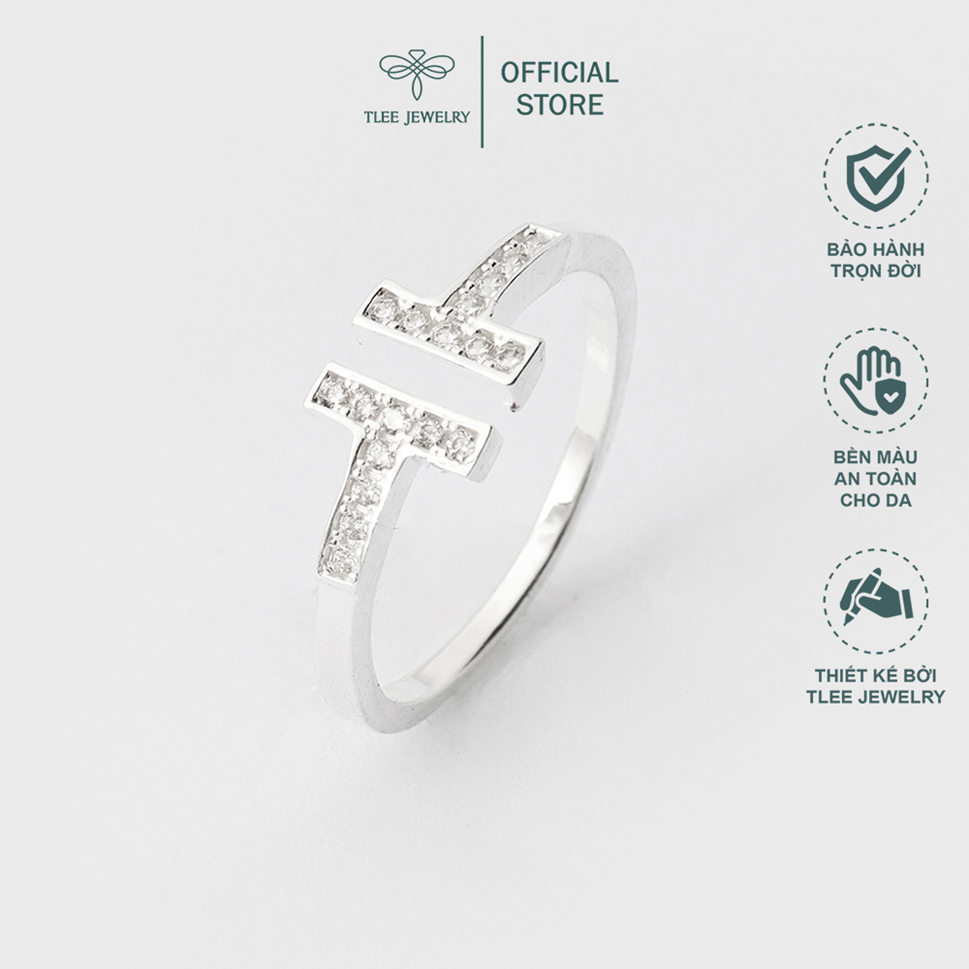 Nhẫn bạc nữ tlee chữ h hở nạm đá cao cấp tleejewelry a0181
