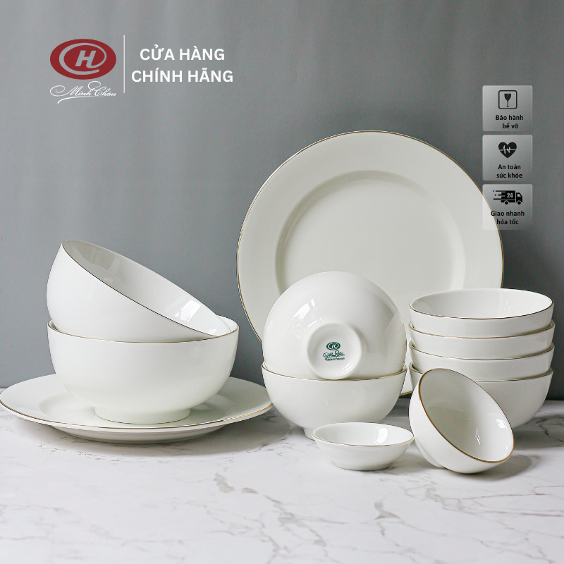 Bộ bát đĩa viền vàng 12k - 12 món - sứ minh châu cao cấp