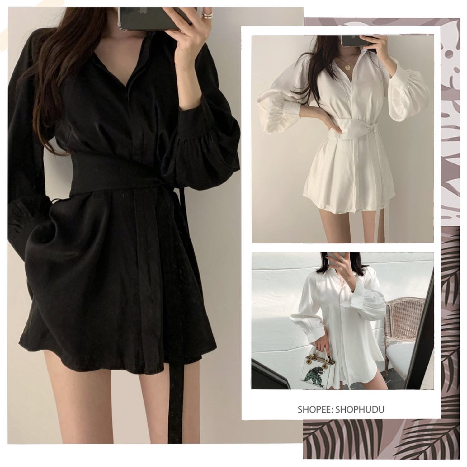 SQ007 Bộ váy sơ mi có dây thắt eo và quần đùi, áo sơ mi tay bồng phối thắt lưng dài tay và quần sooc chất đũi công chúa