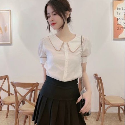 Áo sơ mi chất đũi cổ và tay áo phối viền xinh xắn v301