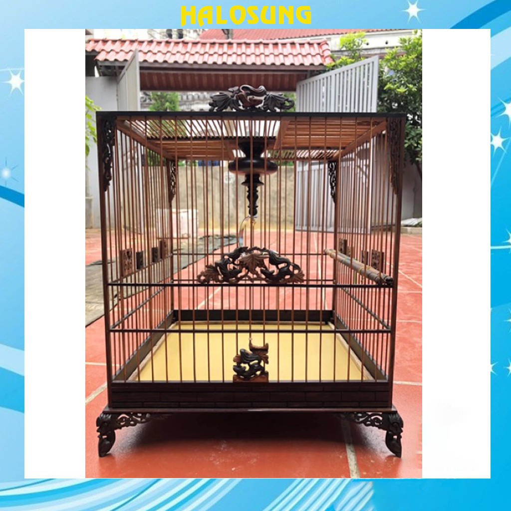 Lồng chim chào mào Halosung lồng chim vuông đấu gỗ cao cấp tặng kèm phụ kiện LC70