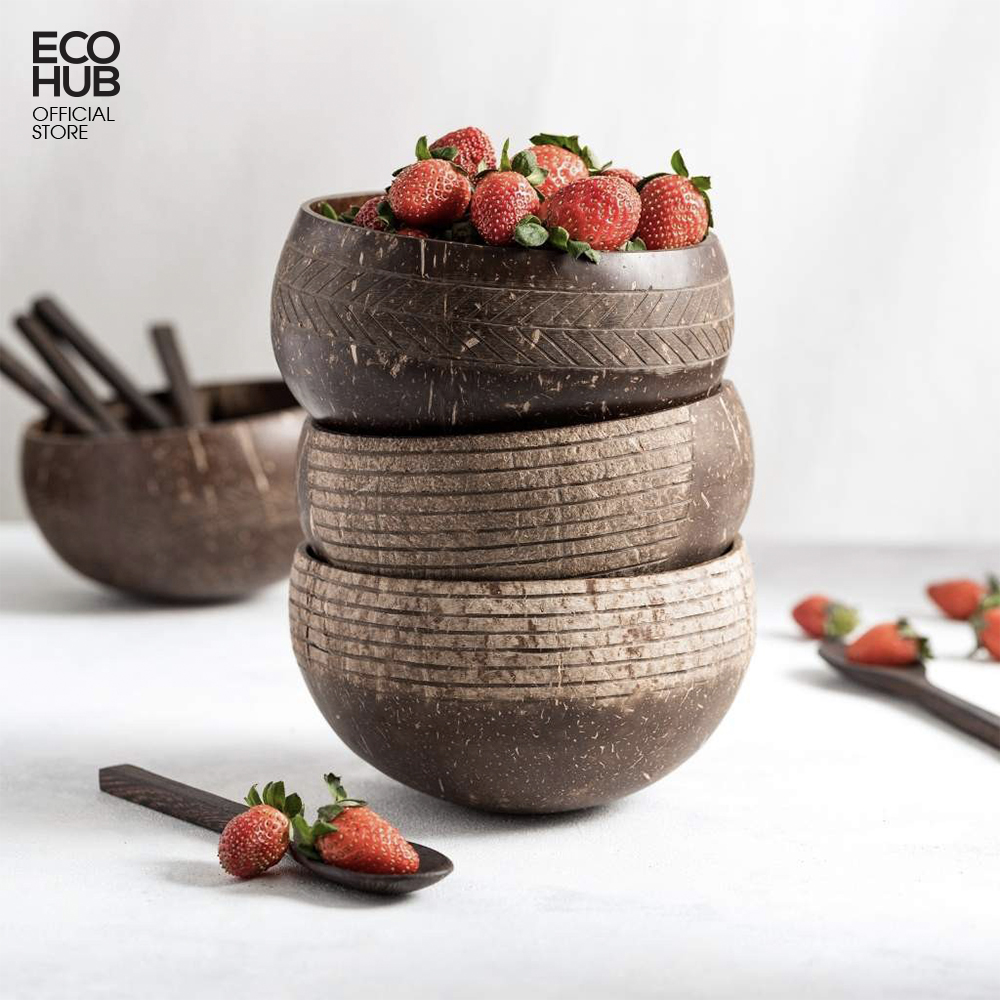 Bát gáo dừa khắc hoa văn, 3 mẫu. (Coconut Bowls Family Set)