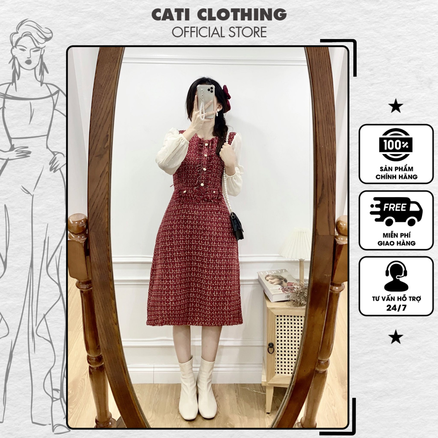 Đầm dạ tweed phối tay a1925 - dress cati dạ tweed cao cấp phối tơ sang chảnh