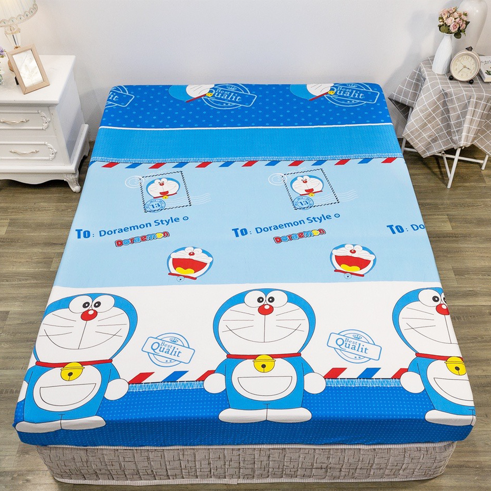 Bộ Ga Gối 3 Món Cotton Poly Màu Xanh Hình Doraemon Nhiều Kích Thước M2/M6/M8/2M2