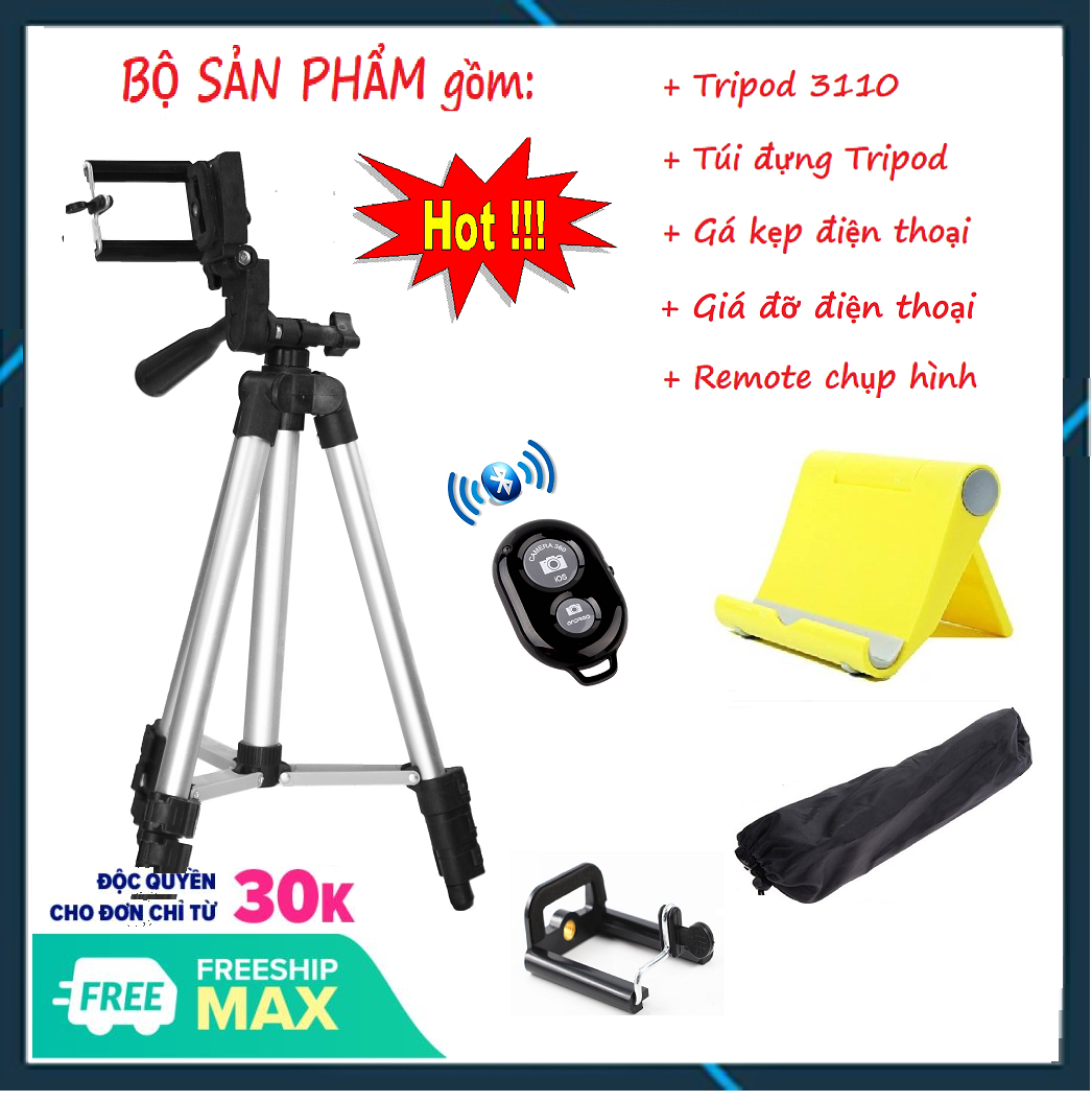 ⚡⚡ [HOT SALE] Đế chụp hình 3 chân Tripod 3110 + Tặng 1 Remote chụp hình Bluetooth + 1 GIÁ ĐỠ S059 + 1 Gá kẹp điện thoại 001 FUNO