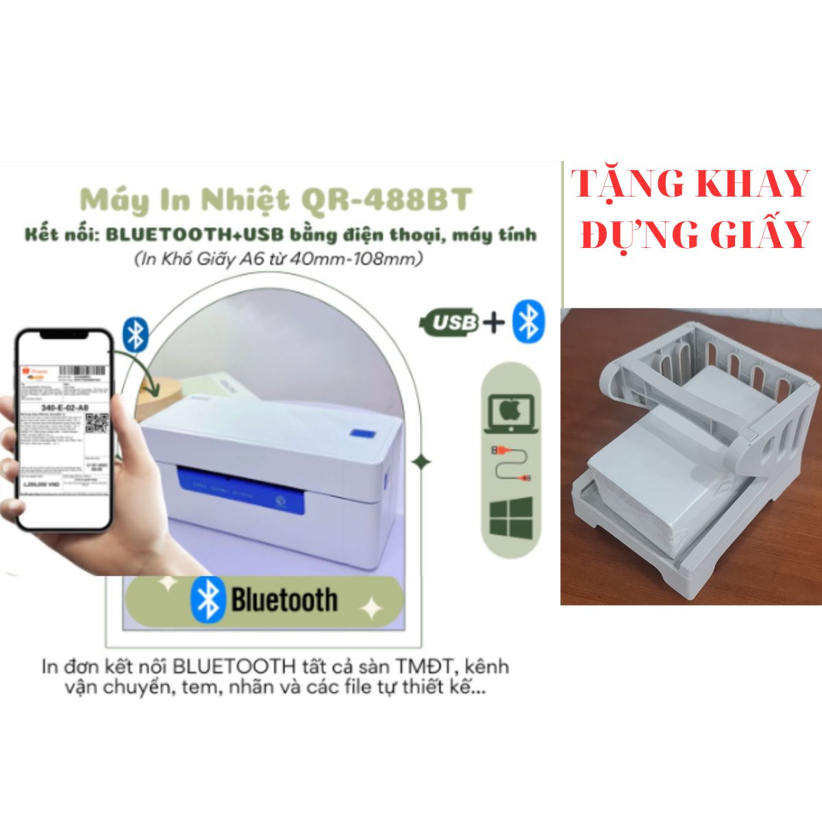 Máy in nhiệt QR-488BT Khổ A6,A7 kết nối Bluetooth In Đơn Hàng bằng Điện