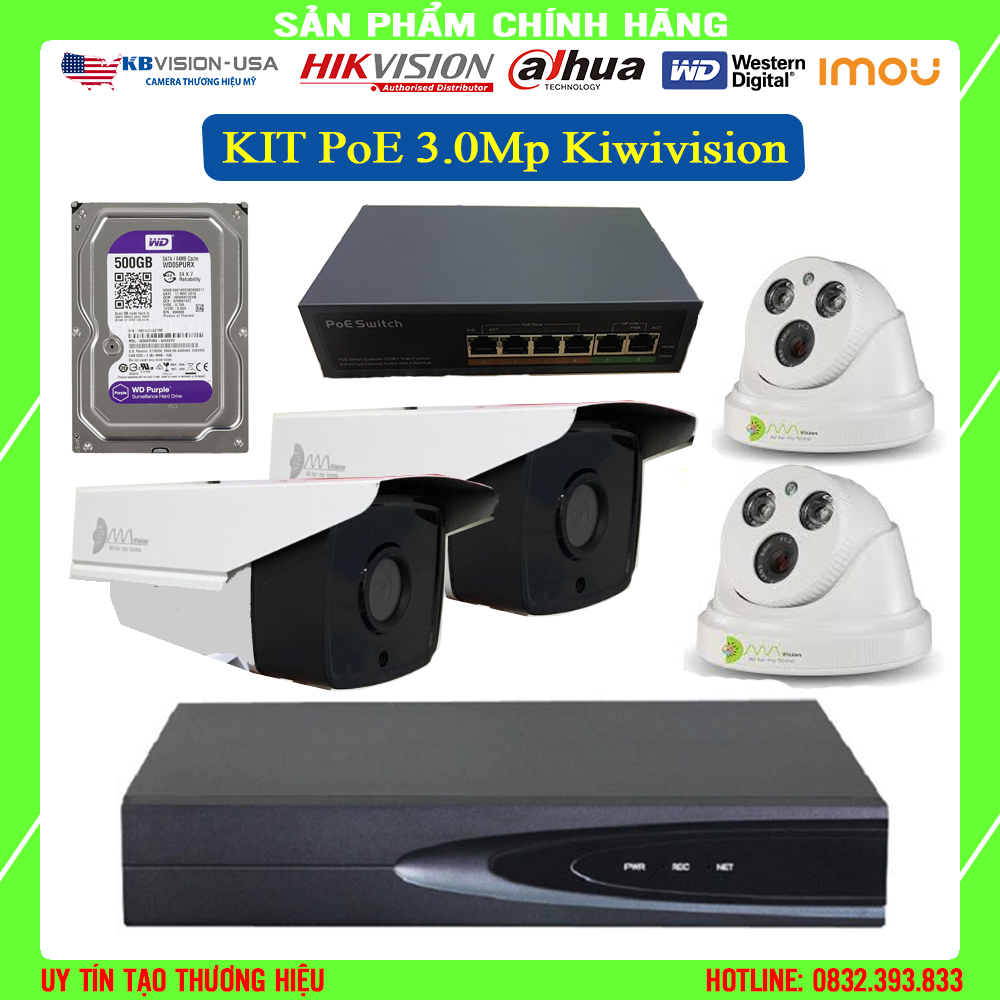 Trọn Bộ 4 Mắt Camera 3.0MP Công Nghệ Mới POE Cấp Nguồn Từ Dây Mạng Có Tích Hợp Mic Thu Tiếng + Tặng Kèm Ổ Cứng 500GB Và Dây HDMI 1.5m Để Kết Nối Xem Qua TV, Màn Máy Tính PC