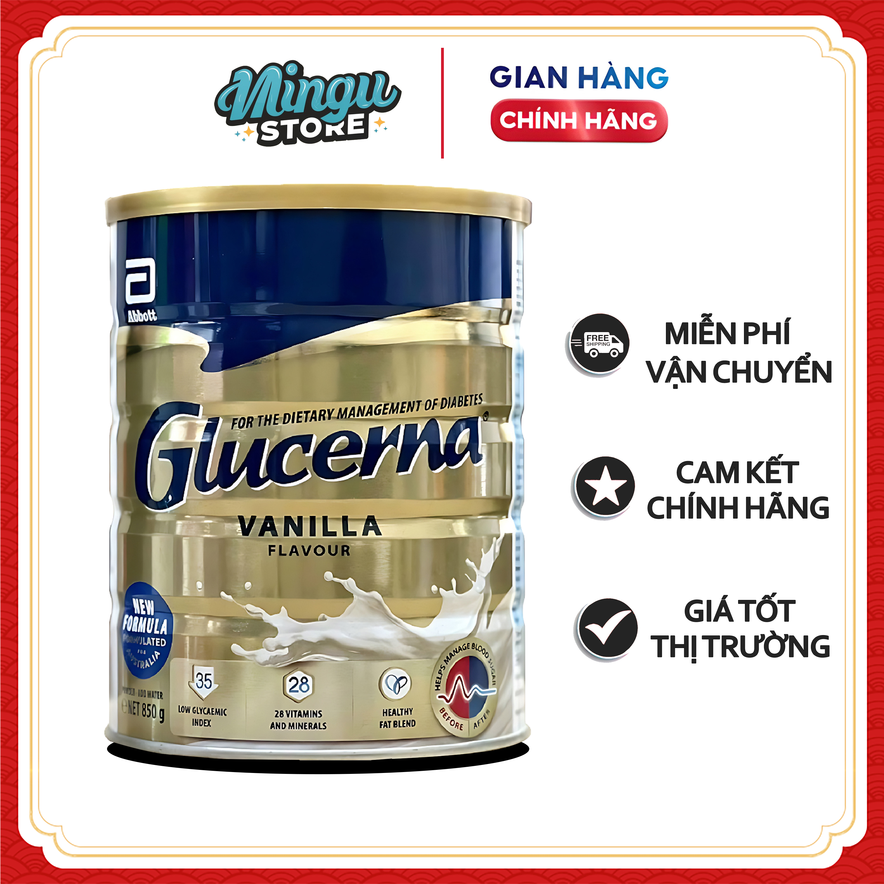 Hộp sữa bột Glucerna Úc Hương Vanilla 850g dành cho người tiểu đường