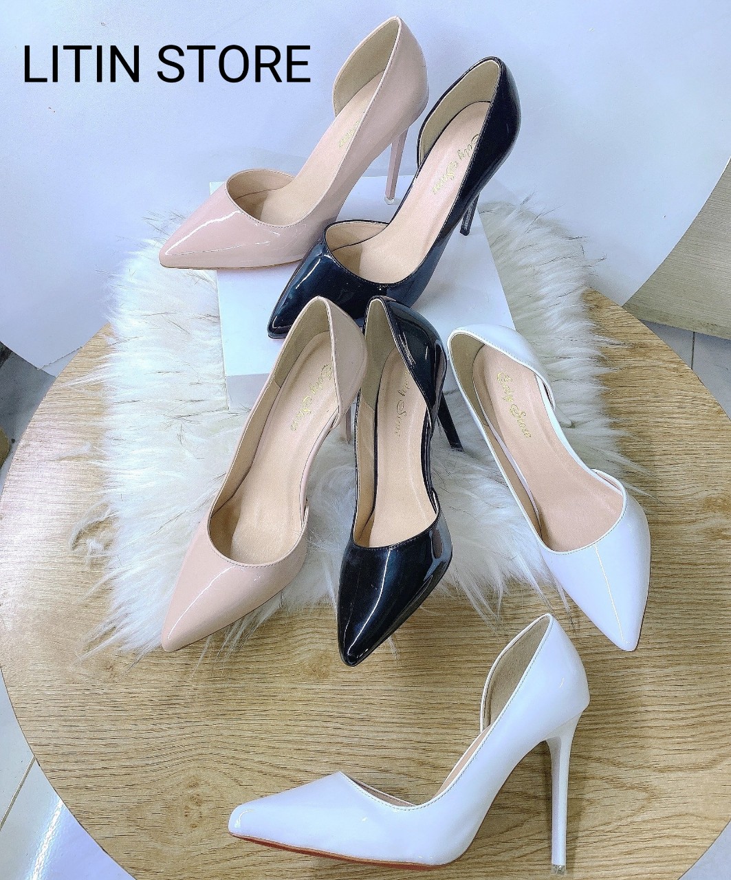 - giày cao gót nữ bít mũi 7p-9p hở eo da si bóng 3 màu trắng,đen,nude, giày gót nhọn litin store