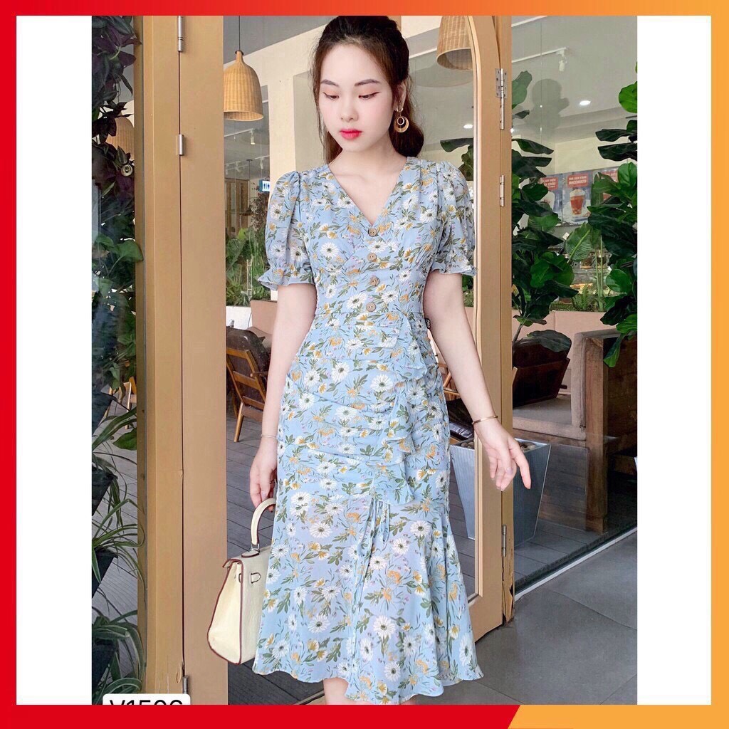 Đầm hoa đuôi cá form dài tay ngắn phồng dịu dàng cực xinh xắn, chất voan hoa mềm mịn, ttmtb